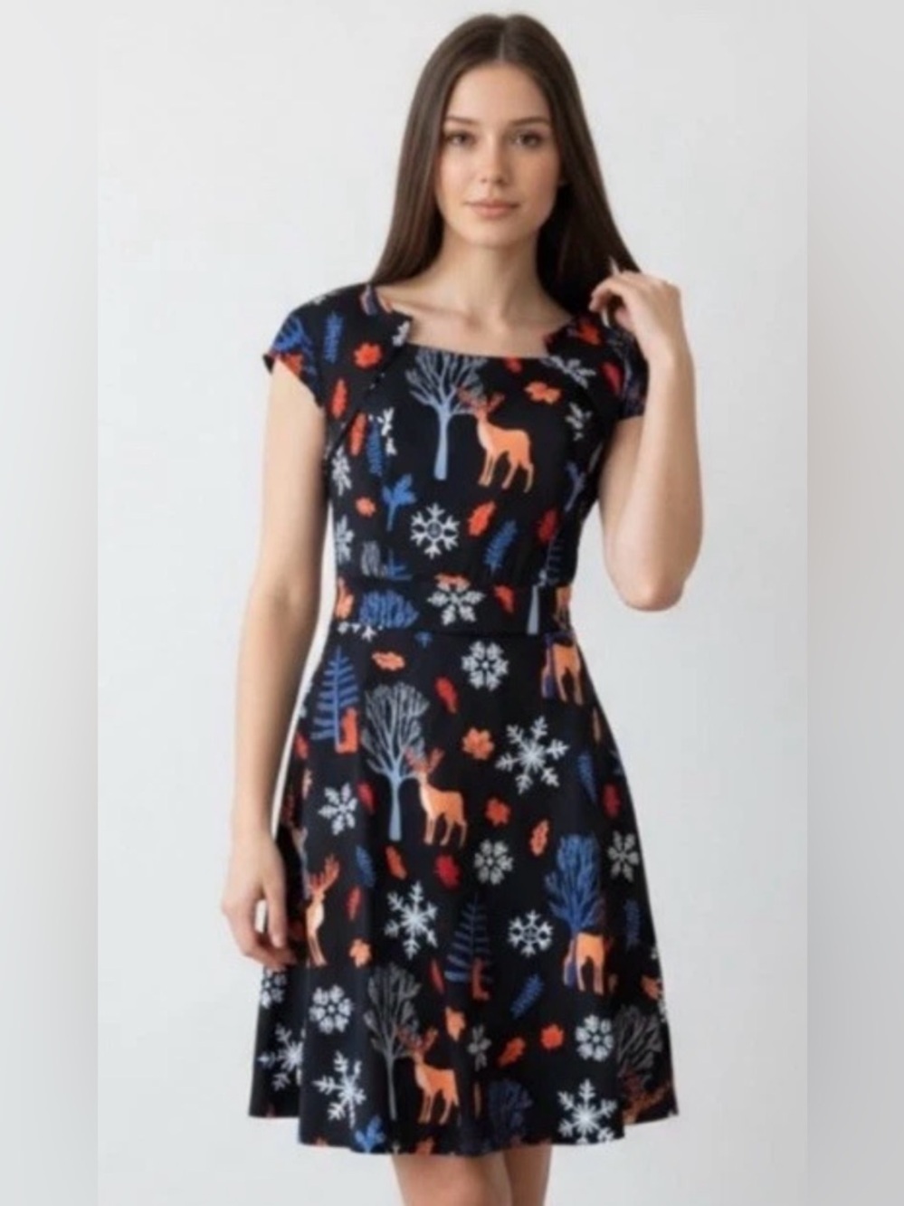 Dress Tells retro swing midi dress stretchy cotton sz L black deer print